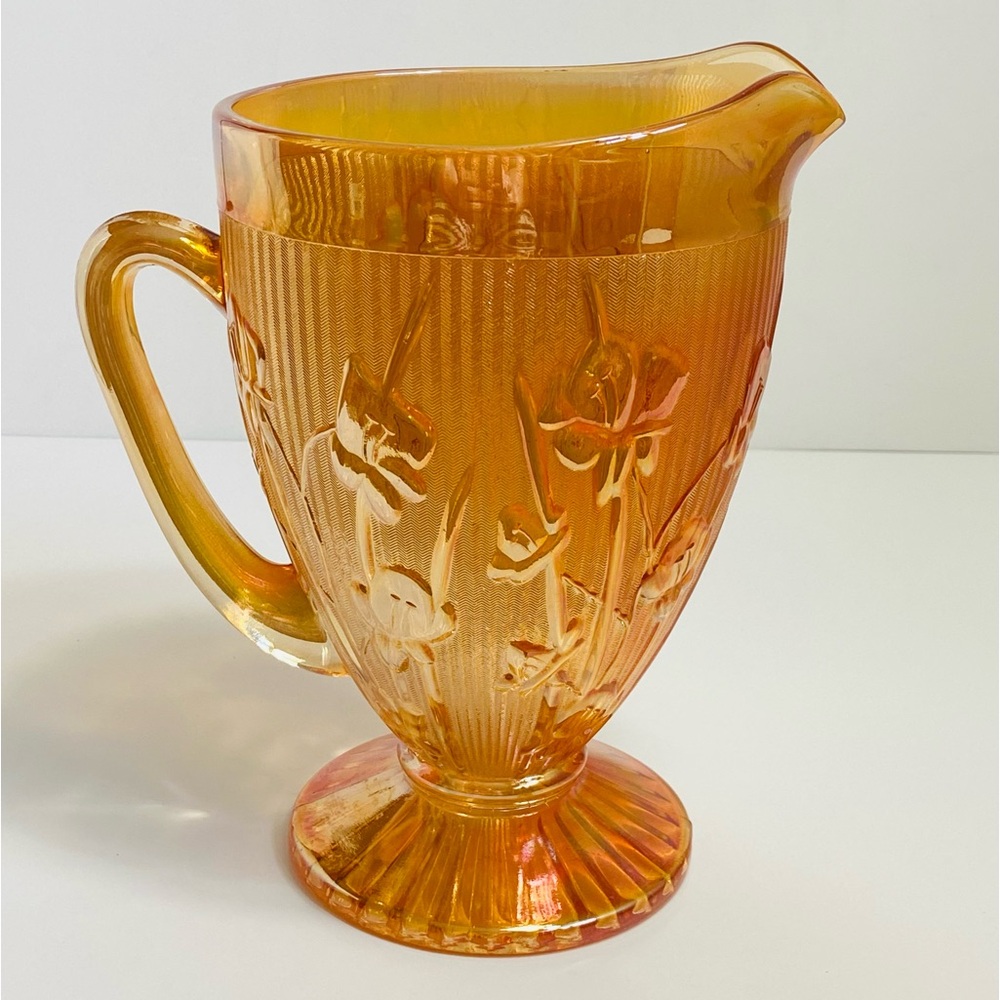 Vintage Jeanette Iris and Herringbone Marigold Carnival Glass Iridescent Pitcher